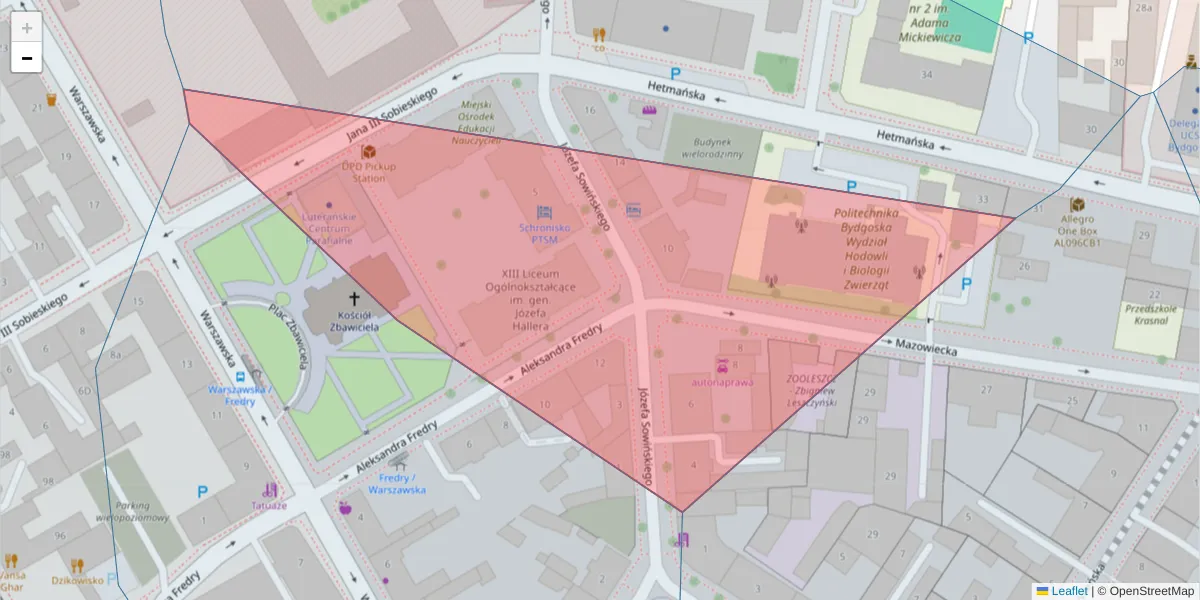 Szczegółowa mapa kodu pocztowego 85-083 z granicami, sąsiednimi kodami pocztowymi i urzędami pocztowymi