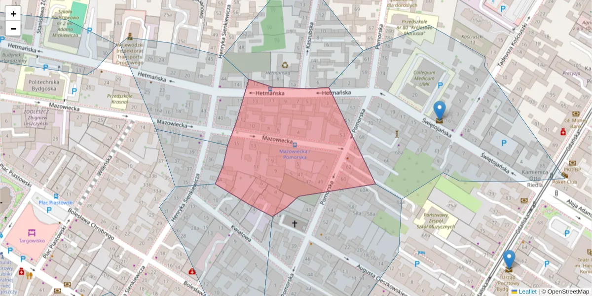 Szczegółowa mapa kodu pocztowego 85-084 z granicami, sąsiednimi kodami pocztowymi i urzędami pocztowymi