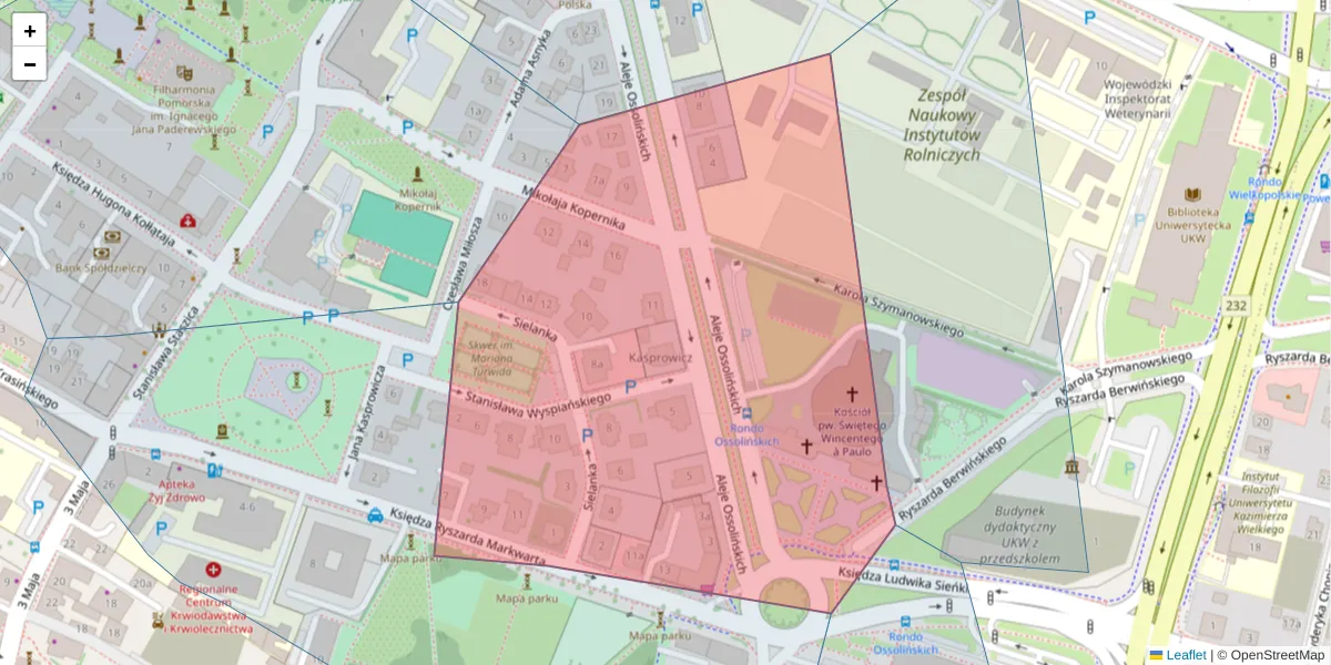 Szczegółowa mapa kodu pocztowego 85-093 z granicami, sąsiednimi kodami pocztowymi i urzędami pocztowymi