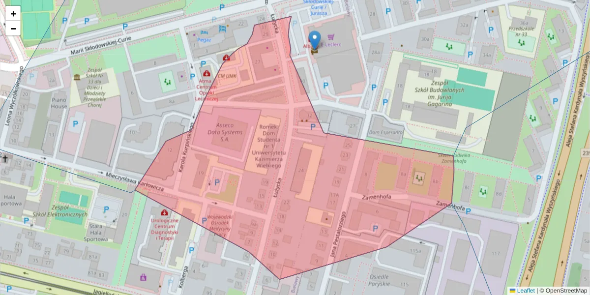 Szczegółowa mapa kodu pocztowego 85-096 z granicami, sąsiednimi kodami pocztowymi i urzędami pocztowymi