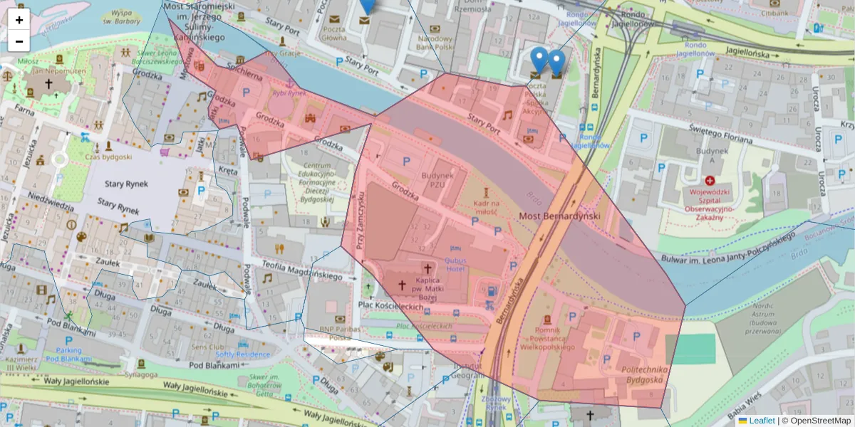 Szczegółowa mapa kodu pocztowego 85-109 z granicami, sąsiednimi kodami pocztowymi i urzędami pocztowymi