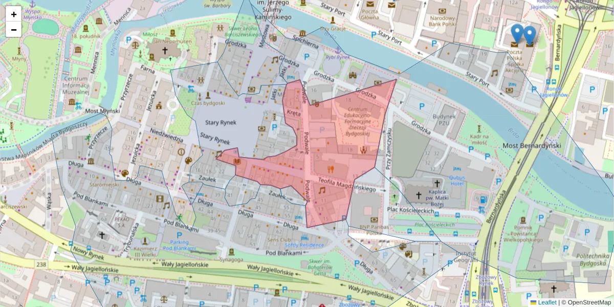 Szczegółowa mapa kodu pocztowego 85-111 z granicami, sąsiednimi kodami pocztowymi i urzędami pocztowymi