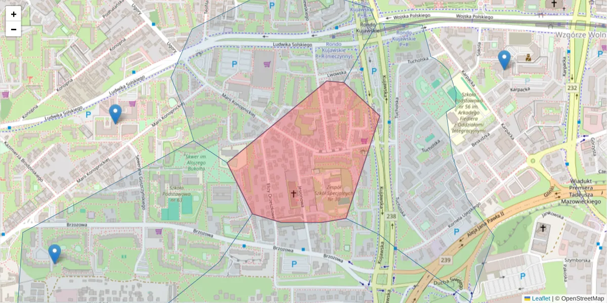 Szczegółowa mapa kodu pocztowego 85-127 z granicami, sąsiednimi kodami pocztowymi i urzędami pocztowymi
