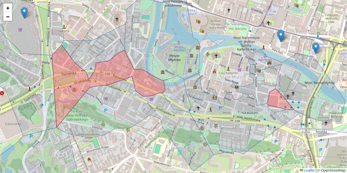 Szczegółowa mapa kodu pocztowego 85-129 z granicami, sąsiednimi kodami pocztowymi i urzędami pocztowymi