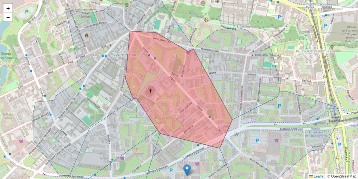Szczegółowa mapa kodu pocztowego 85-132 z granicami, sąsiednimi kodami pocztowymi i urzędami pocztowymi