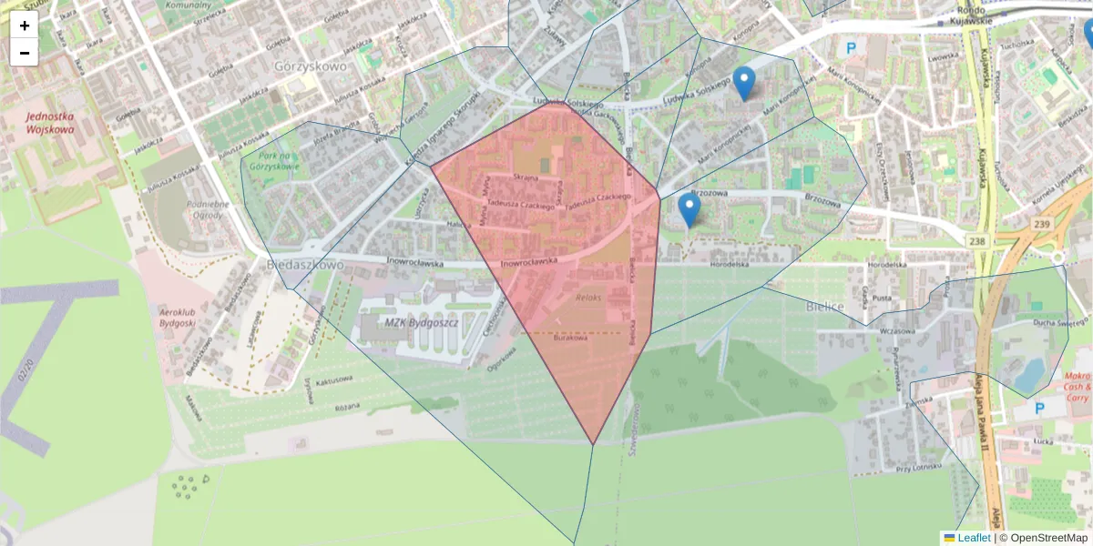Szczegółowa mapa kodu pocztowego 85-138 z granicami, sąsiednimi kodami pocztowymi i urzędami pocztowymi