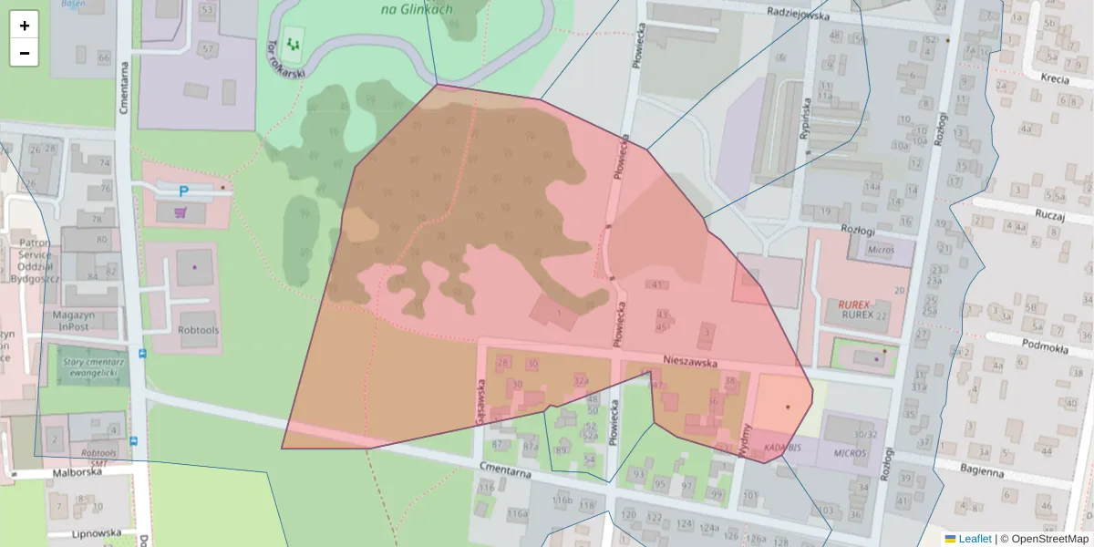 Szczegółowa mapa kodu pocztowego 85-142 z granicami, sąsiednimi kodami pocztowymi i urzędami pocztowymi