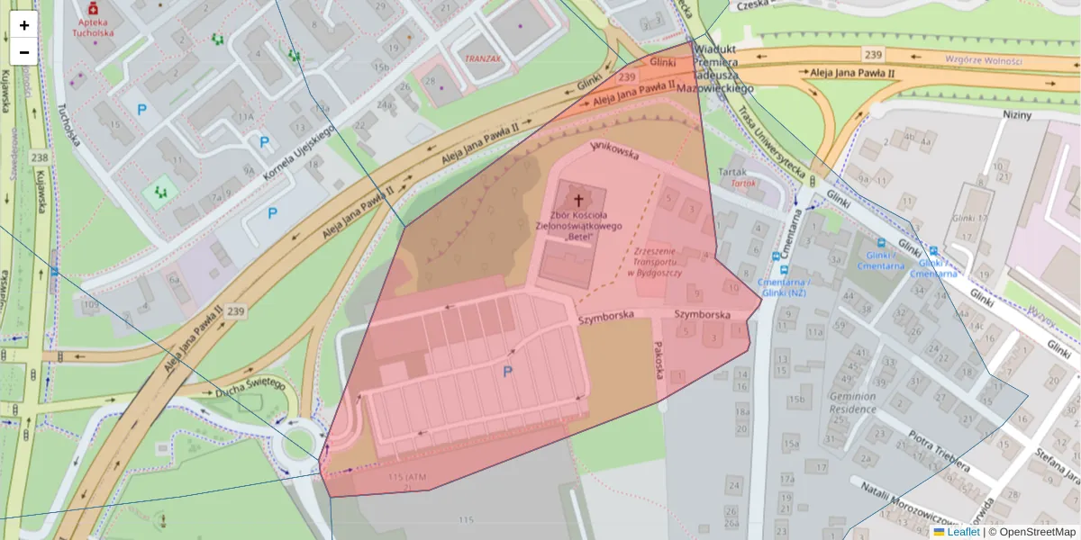Szczegółowa mapa kodu pocztowego 85-143 z granicami, sąsiednimi kodami pocztowymi i urzędami pocztowymi