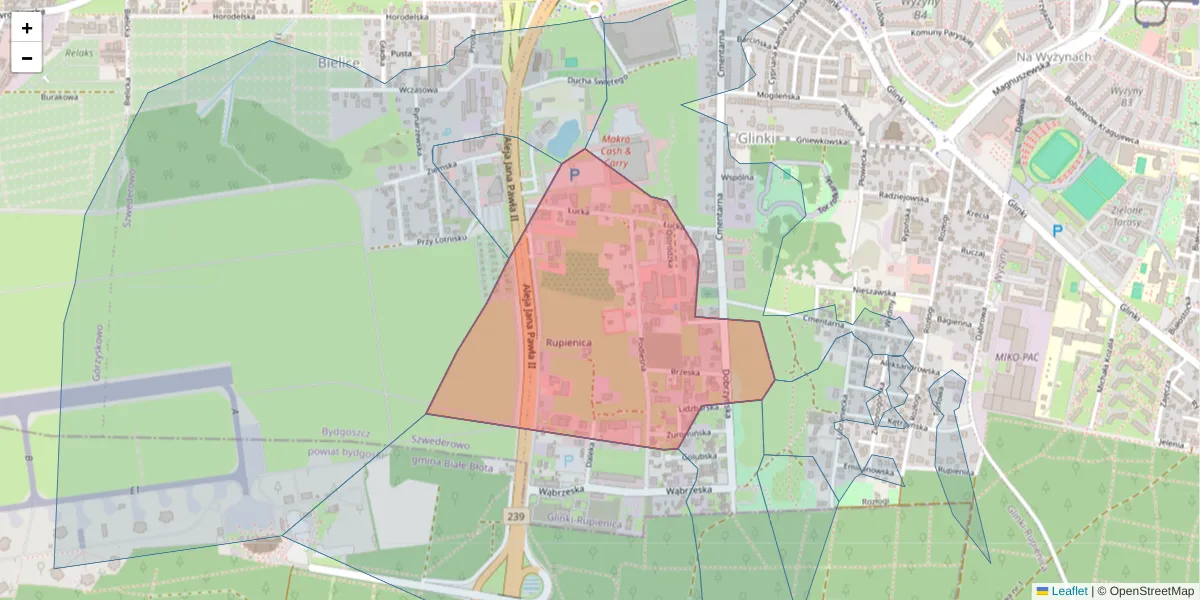 Szczegółowa mapa kodu pocztowego 85-145 z granicami, sąsiednimi kodami pocztowymi i urzędami pocztowymi