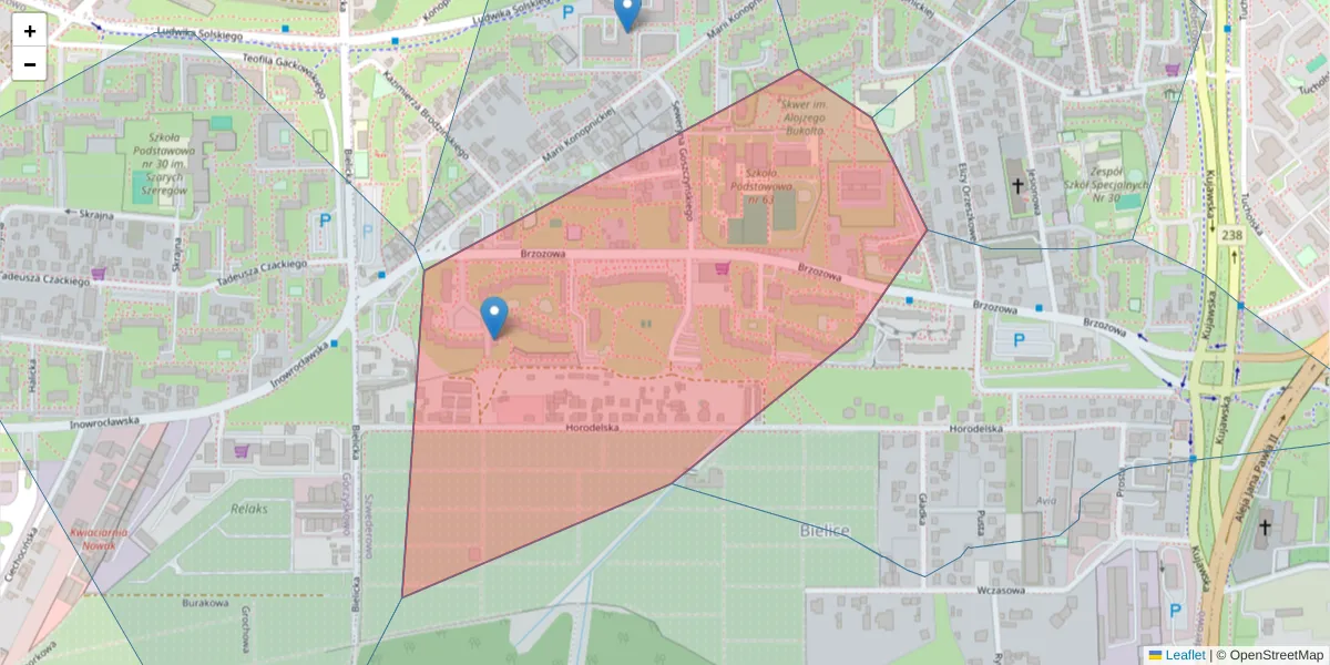 Szczegółowa mapa kodu pocztowego 85-154 z granicami, sąsiednimi kodami pocztowymi i urzędami pocztowymi