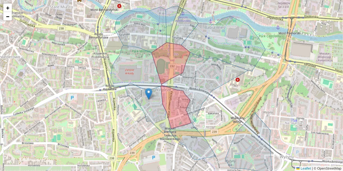 Szczegółowa mapa kodu pocztowego 85-162 z granicami, sąsiednimi kodami pocztowymi i urzędami pocztowymi