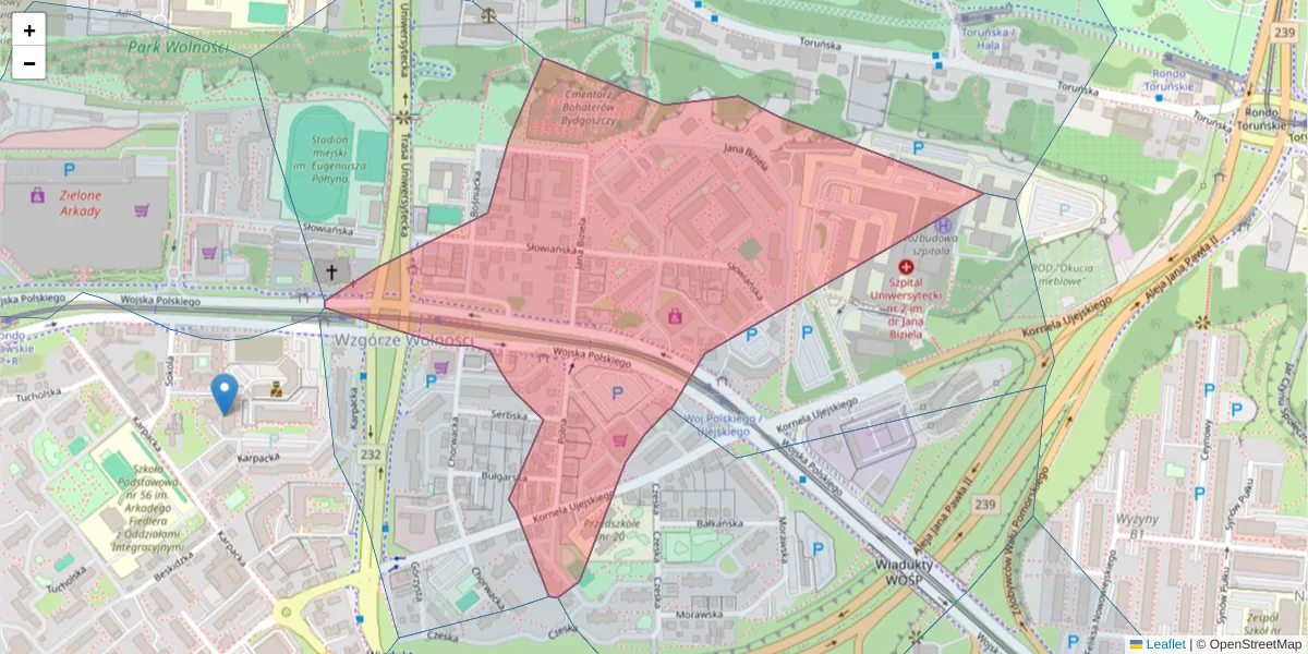 Szczegółowa mapa kodu pocztowego 85-163 z granicami, sąsiednimi kodami pocztowymi i urzędami pocztowymi
