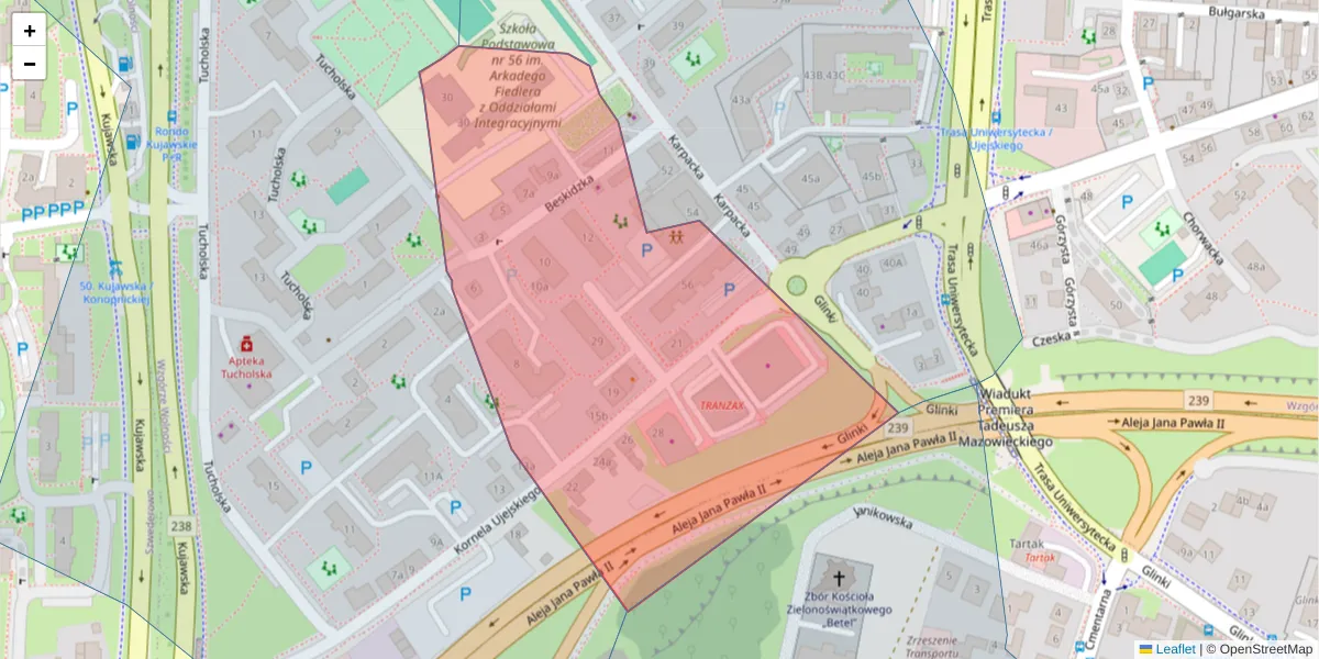 Szczegółowa mapa kodu pocztowego 85-166 z granicami, sąsiednimi kodami pocztowymi i urzędami pocztowymi