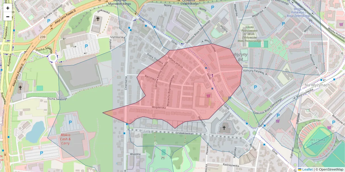 Szczegółowa mapa kodu pocztowego 85-183 z granicami, sąsiednimi kodami pocztowymi i urzędami pocztowymi