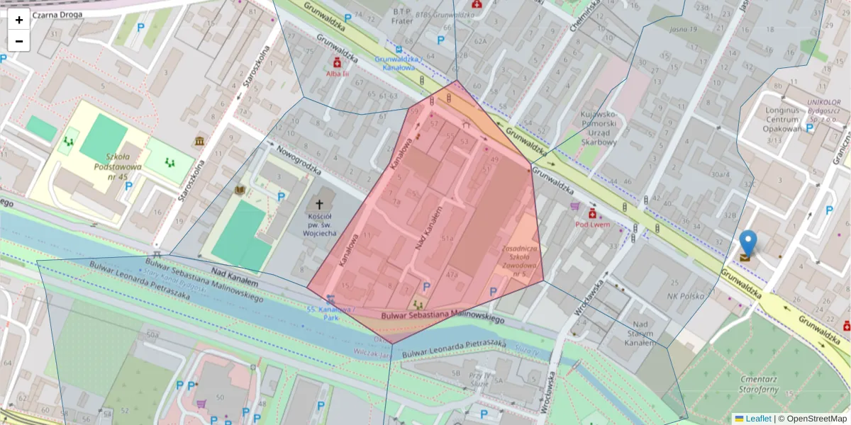 Szczegółowa mapa kodu pocztowego 85-207 z granicami, sąsiednimi kodami pocztowymi i urzędami pocztowymi