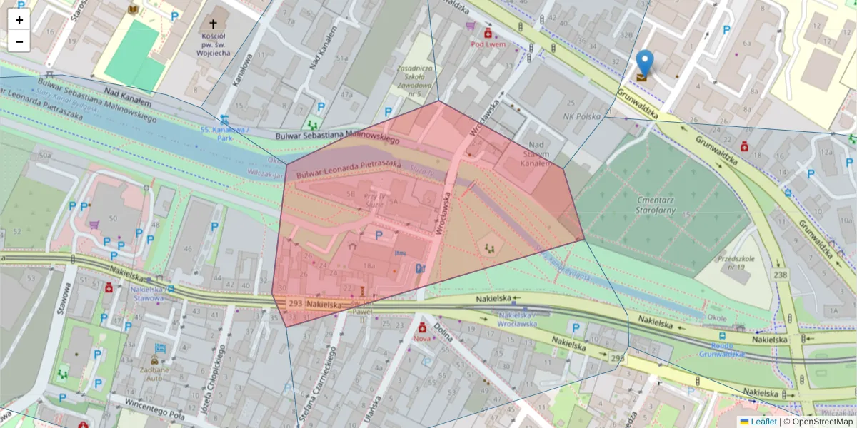 Szczegółowa mapa kodu pocztowego 85-211 z granicami, sąsiednimi kodami pocztowymi i urzędami pocztowymi