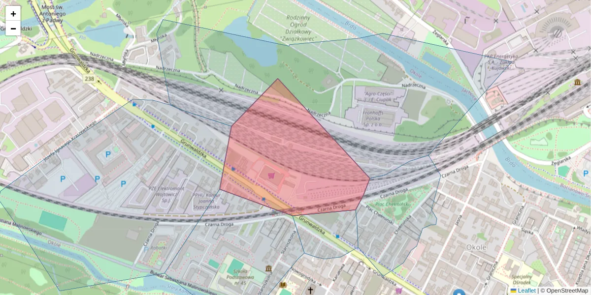 Szczegółowa mapa kodu pocztowego 85-220 z granicami, sąsiednimi kodami pocztowymi i urzędami pocztowymi
