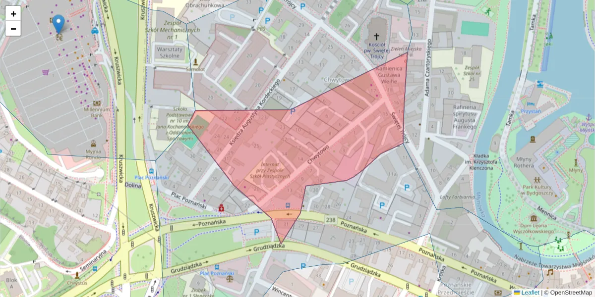 Szczegółowa mapa kodu pocztowego 85-223 z granicami, sąsiednimi kodami pocztowymi i urzędami pocztowymi