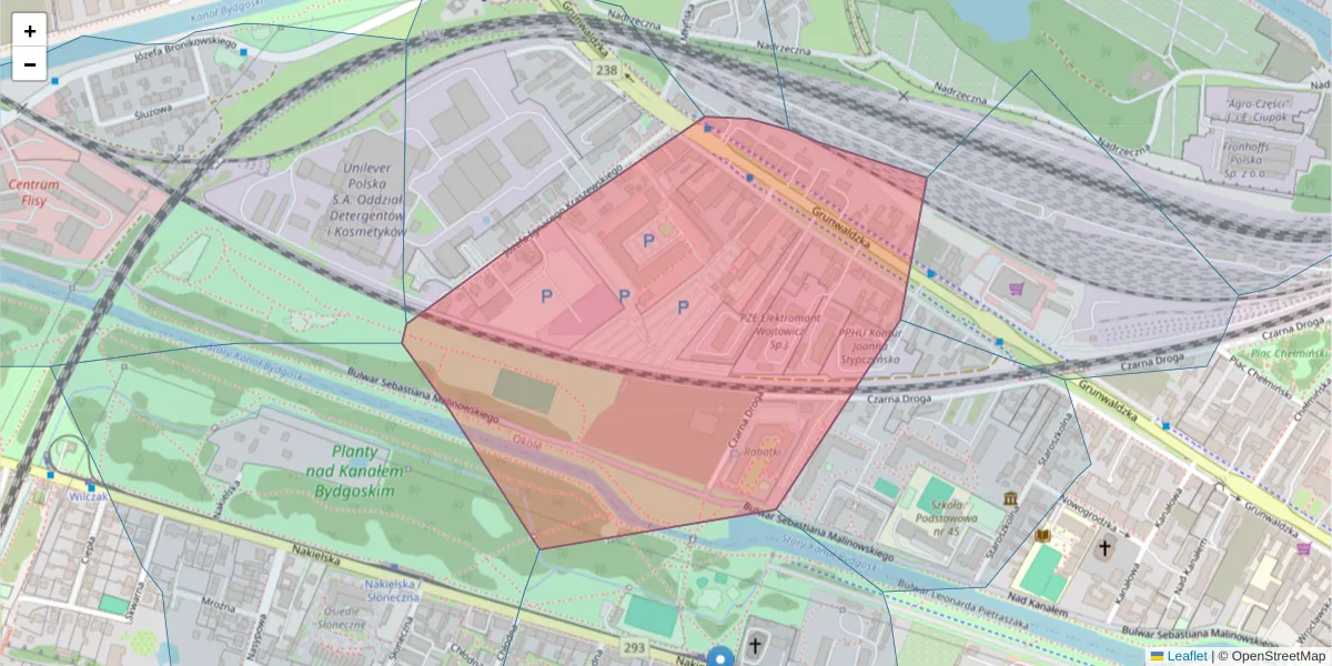 Szczegółowa mapa kodu pocztowego 85-240 z granicami, sąsiednimi kodami pocztowymi i urzędami pocztowymi