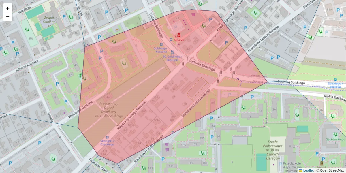 Szczegółowa mapa kodu pocztowego 85-307 z granicami, sąsiednimi kodami pocztowymi i urzędami pocztowymi