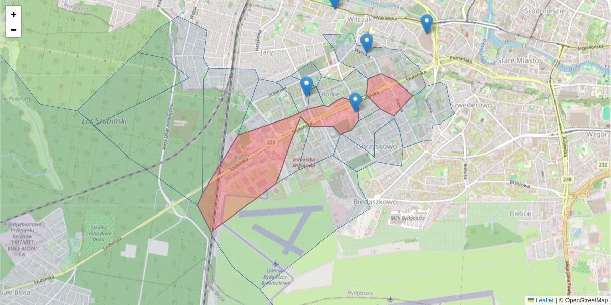 Szczegółowa mapa kodu pocztowego 85-312 z granicami, sąsiednimi kodami pocztowymi i urzędami pocztowymi