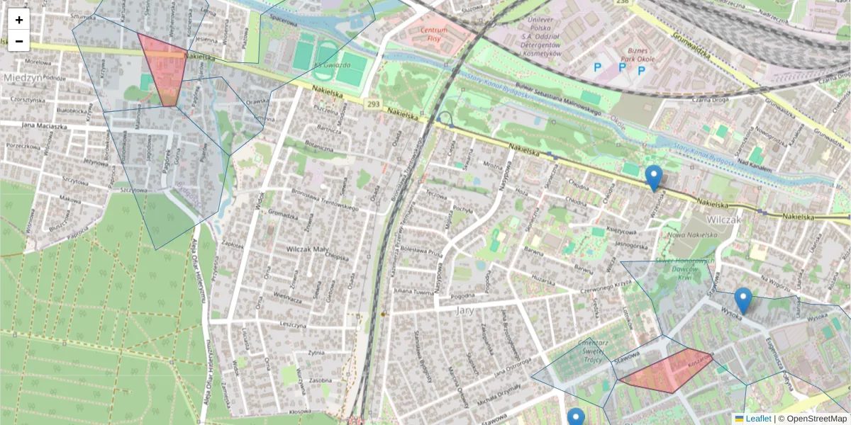 Szczegółowa mapa kodu pocztowego 85-319 z granicami, sąsiednimi kodami pocztowymi i urzędami pocztowymi