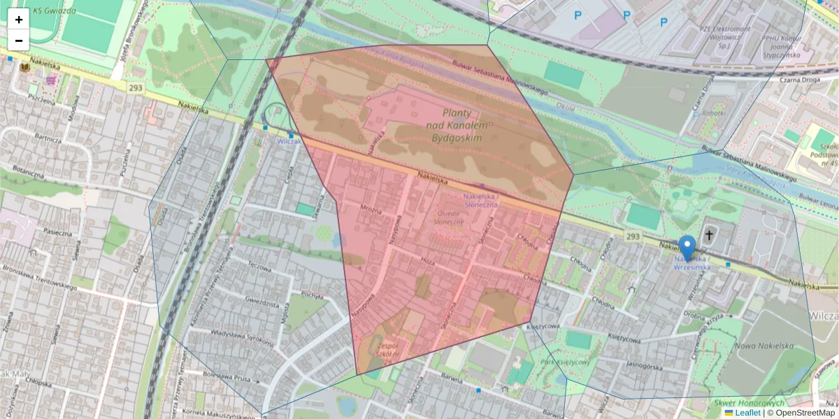 Szczegółowa mapa kodu pocztowego 85-336 z granicami, sąsiednimi kodami pocztowymi i urzędami pocztowymi