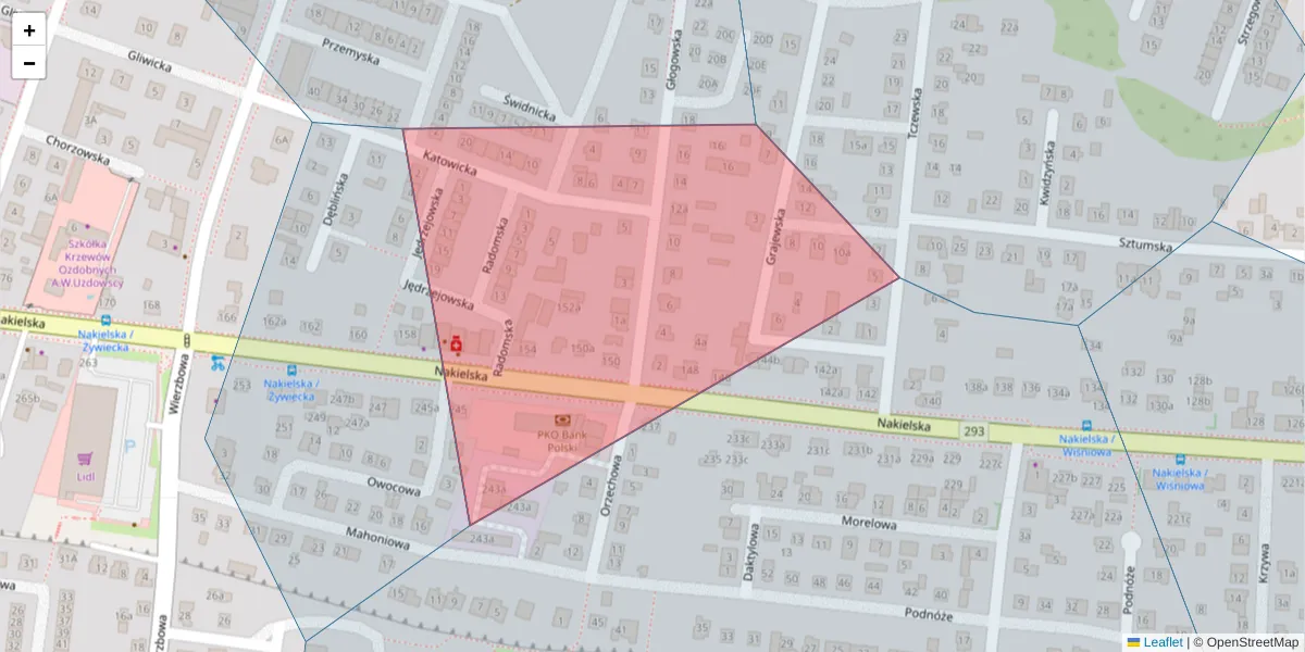Szczegółowa mapa kodu pocztowego 85-350 z granicami, sąsiednimi kodami pocztowymi i urzędami pocztowymi