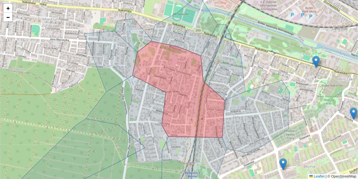 Szczegółowa mapa kodu pocztowego 85-351 z granicami, sąsiednimi kodami pocztowymi i urzędami pocztowymi