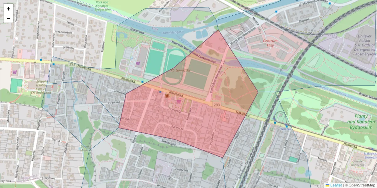Szczegółowa mapa kodu pocztowego 85-352 z granicami, sąsiednimi kodami pocztowymi i urzędami pocztowymi