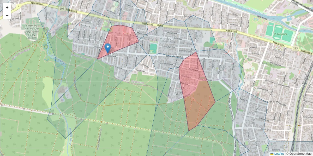 Szczegółowa mapa kodu pocztowego 85-361 z granicami, sąsiednimi kodami pocztowymi i urzędami pocztowymi