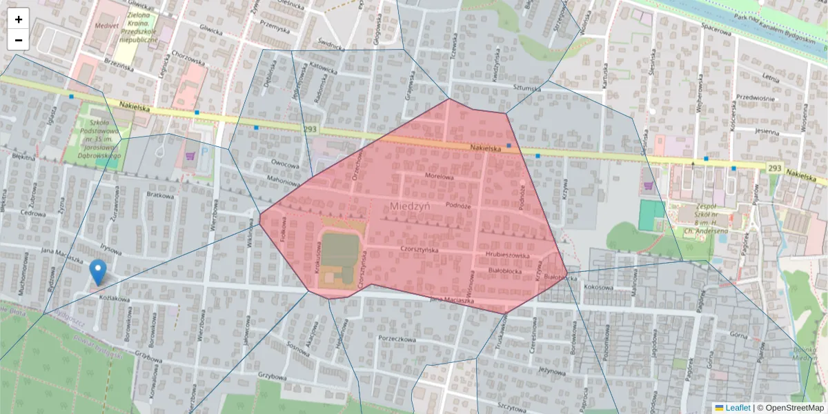 Szczegółowa mapa kodu pocztowego 85-363 z granicami, sąsiednimi kodami pocztowymi i urzędami pocztowymi