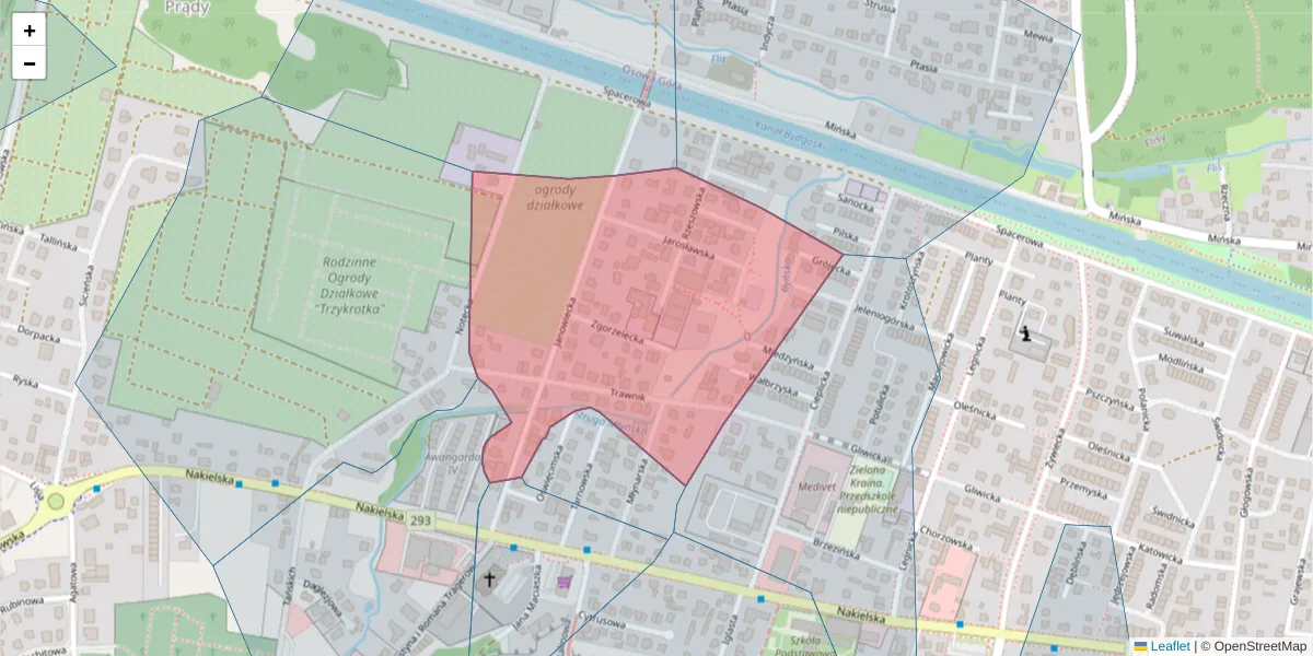 Szczegółowa mapa kodu pocztowego 85-376 z granicami, sąsiednimi kodami pocztowymi i urzędami pocztowymi