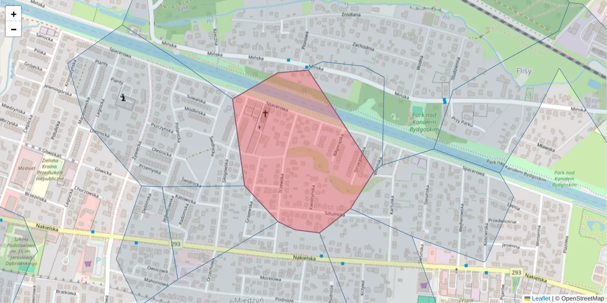 Szczegółowa mapa kodu pocztowego 85-382 z granicami, sąsiednimi kodami pocztowymi i urzędami pocztowymi