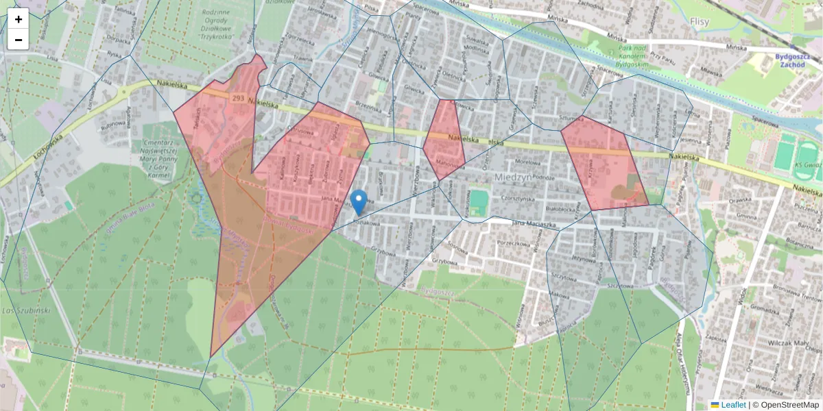 Szczegółowa mapa kodu pocztowego 85-391 z granicami, sąsiednimi kodami pocztowymi i urzędami pocztowymi