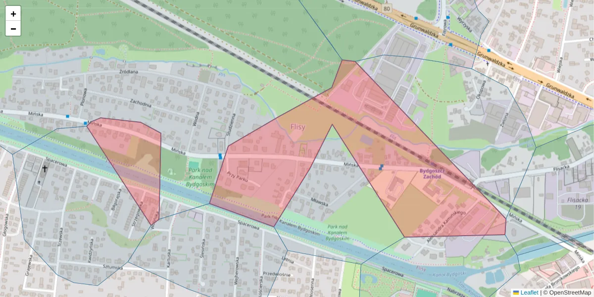 Szczegółowa mapa kodu pocztowego 85-402 z granicami, sąsiednimi kodami pocztowymi i urzędami pocztowymi