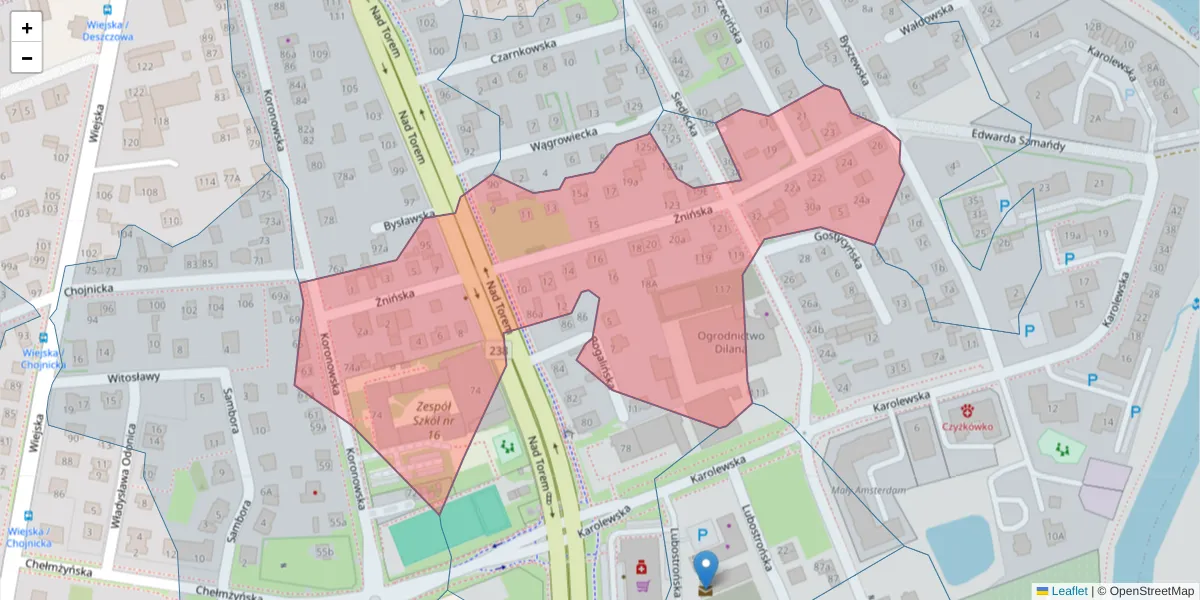 Szczegółowa mapa kodu pocztowego 85-408 z granicami, sąsiednimi kodami pocztowymi i urzędami pocztowymi