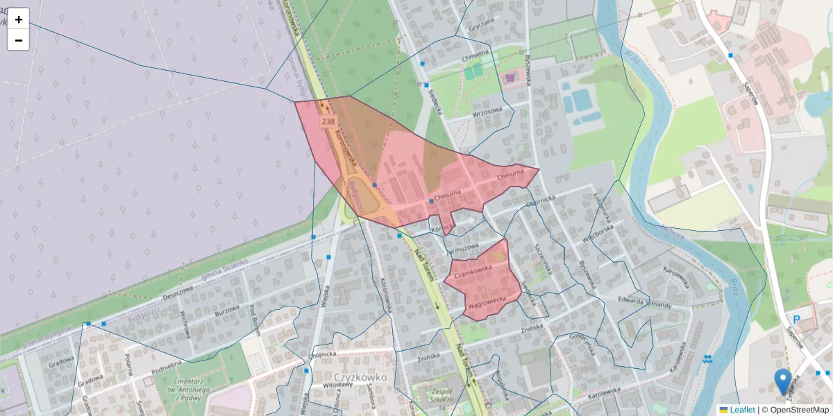 Szczegółowa mapa kodu pocztowego 85-411 z granicami, sąsiednimi kodami pocztowymi i urzędami pocztowymi
