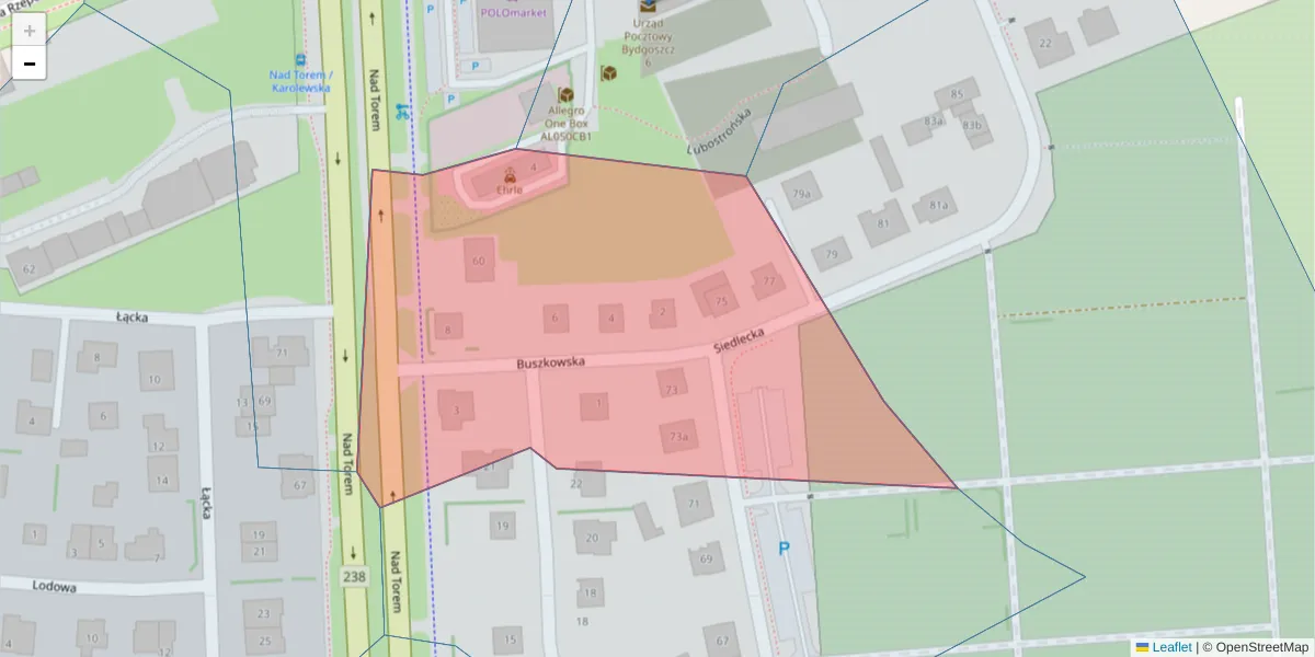 Szczegółowa mapa kodu pocztowego 85-419 z granicami, sąsiednimi kodami pocztowymi i urzędami pocztowymi