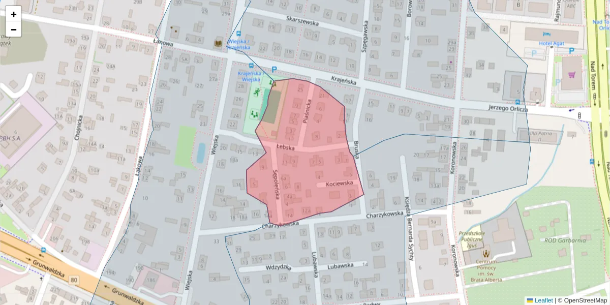 Szczegółowa mapa kodu pocztowego 85-422 z granicami, sąsiednimi kodami pocztowymi i urzędami pocztowymi