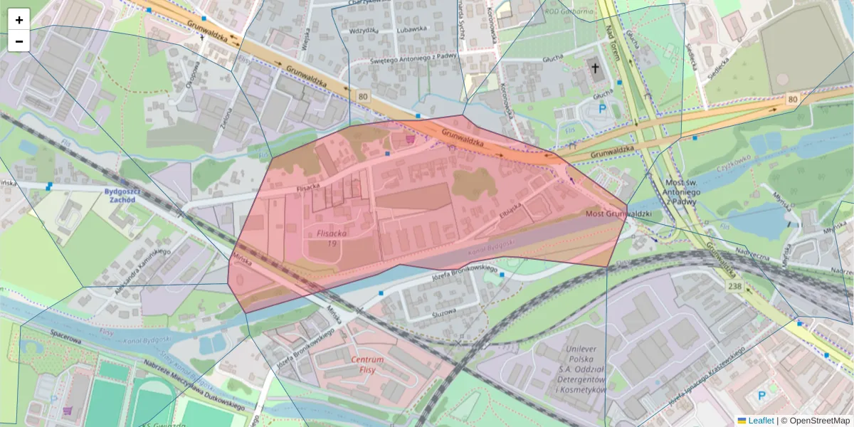 Szczegółowa mapa kodu pocztowego 85-425 z granicami, sąsiednimi kodami pocztowymi i urzędami pocztowymi