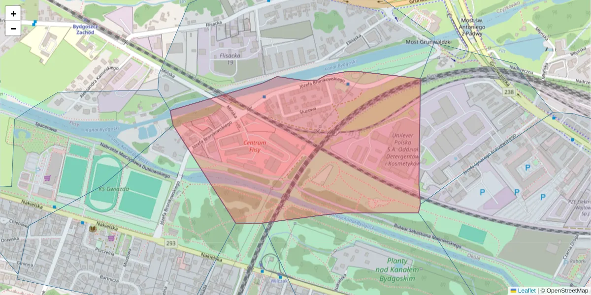 Szczegółowa mapa kodu pocztowego 85-427 z granicami, sąsiednimi kodami pocztowymi i urzędami pocztowymi