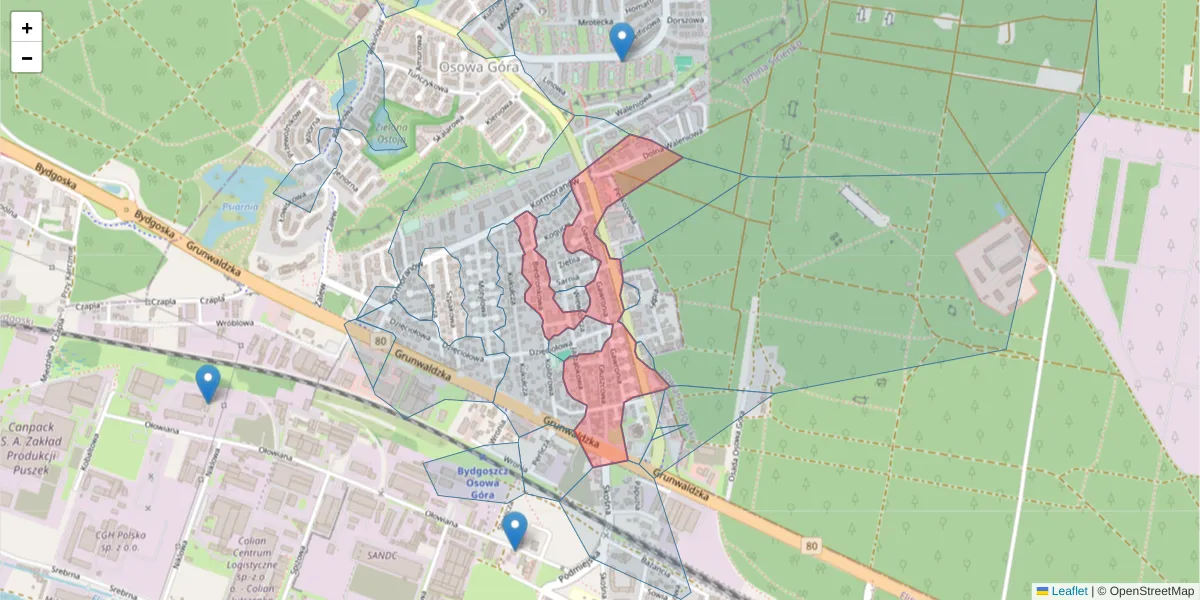 Szczegółowa mapa kodu pocztowego 85-430 z granicami, sąsiednimi kodami pocztowymi i urzędami pocztowymi