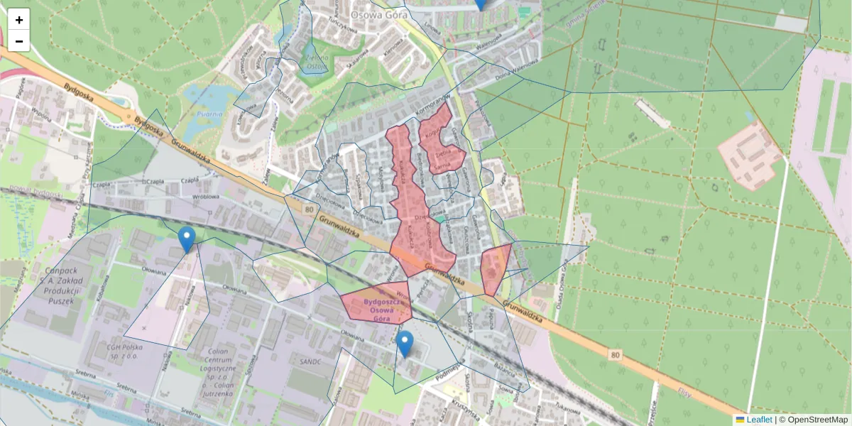 Szczegółowa mapa kodu pocztowego 85-431 z granicami, sąsiednimi kodami pocztowymi i urzędami pocztowymi