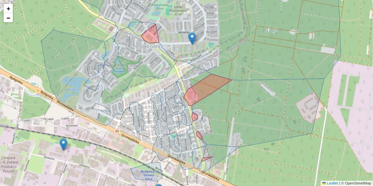 Szczegółowa mapa kodu pocztowego 85-433 z granicami, sąsiednimi kodami pocztowymi i urzędami pocztowymi