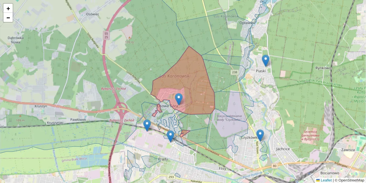 Szczegółowa mapa kodu pocztowego 85-435 z granicami, sąsiednimi kodami pocztowymi i urzędami pocztowymi