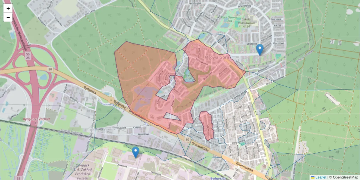 Szczegółowa mapa kodu pocztowego 85-436 z granicami, sąsiednimi kodami pocztowymi i urzędami pocztowymi