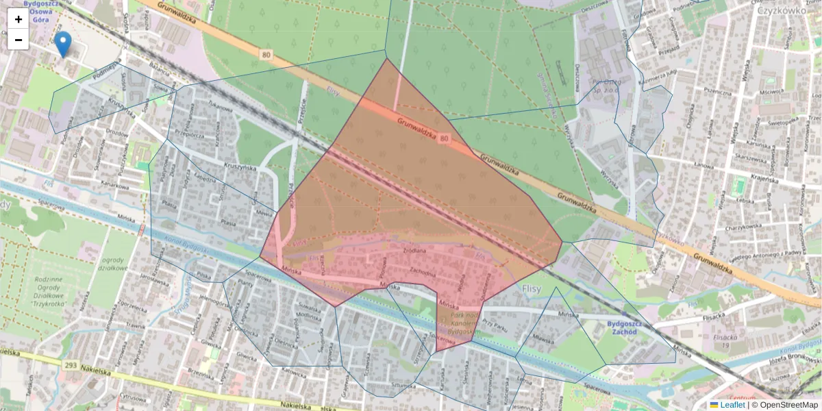 Szczegółowa mapa kodu pocztowego 85-444 z granicami, sąsiednimi kodami pocztowymi i urzędami pocztowymi
