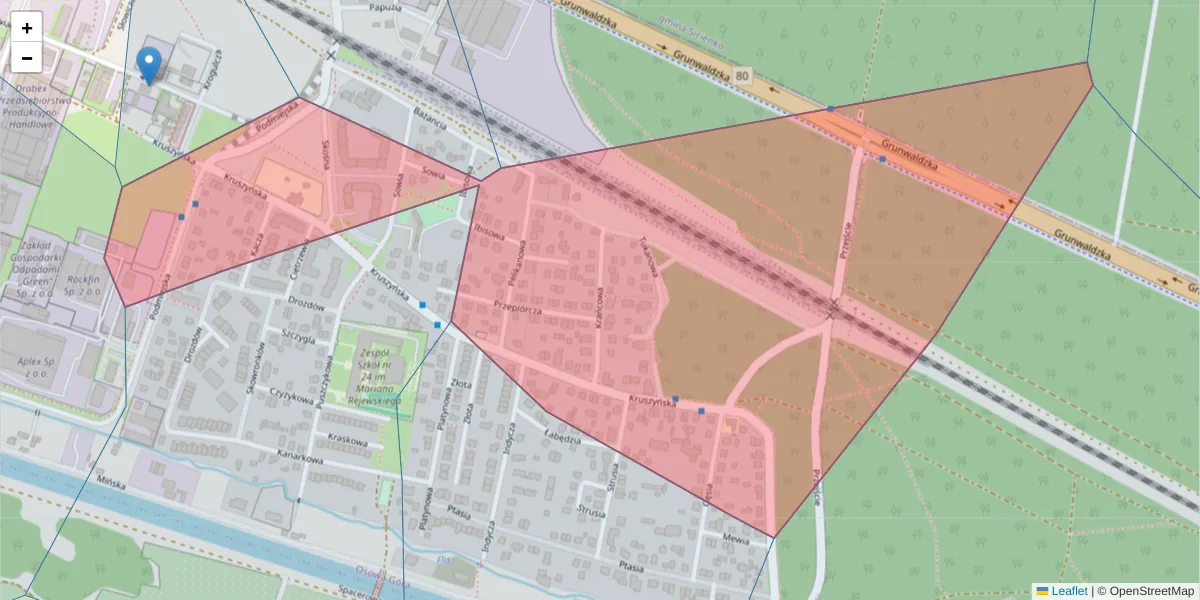 Szczegółowa mapa kodu pocztowego 85-448 z granicami, sąsiednimi kodami pocztowymi i urzędami pocztowymi