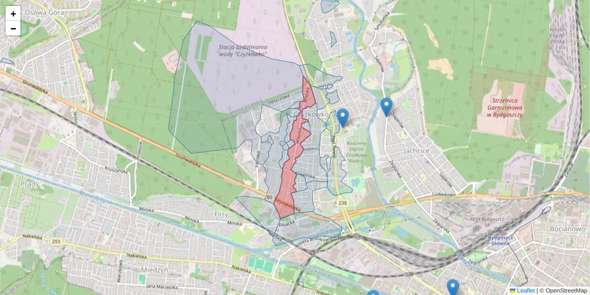 Szczegółowa mapa kodu pocztowego 85-458 z granicami, sąsiednimi kodami pocztowymi i urzędami pocztowymi